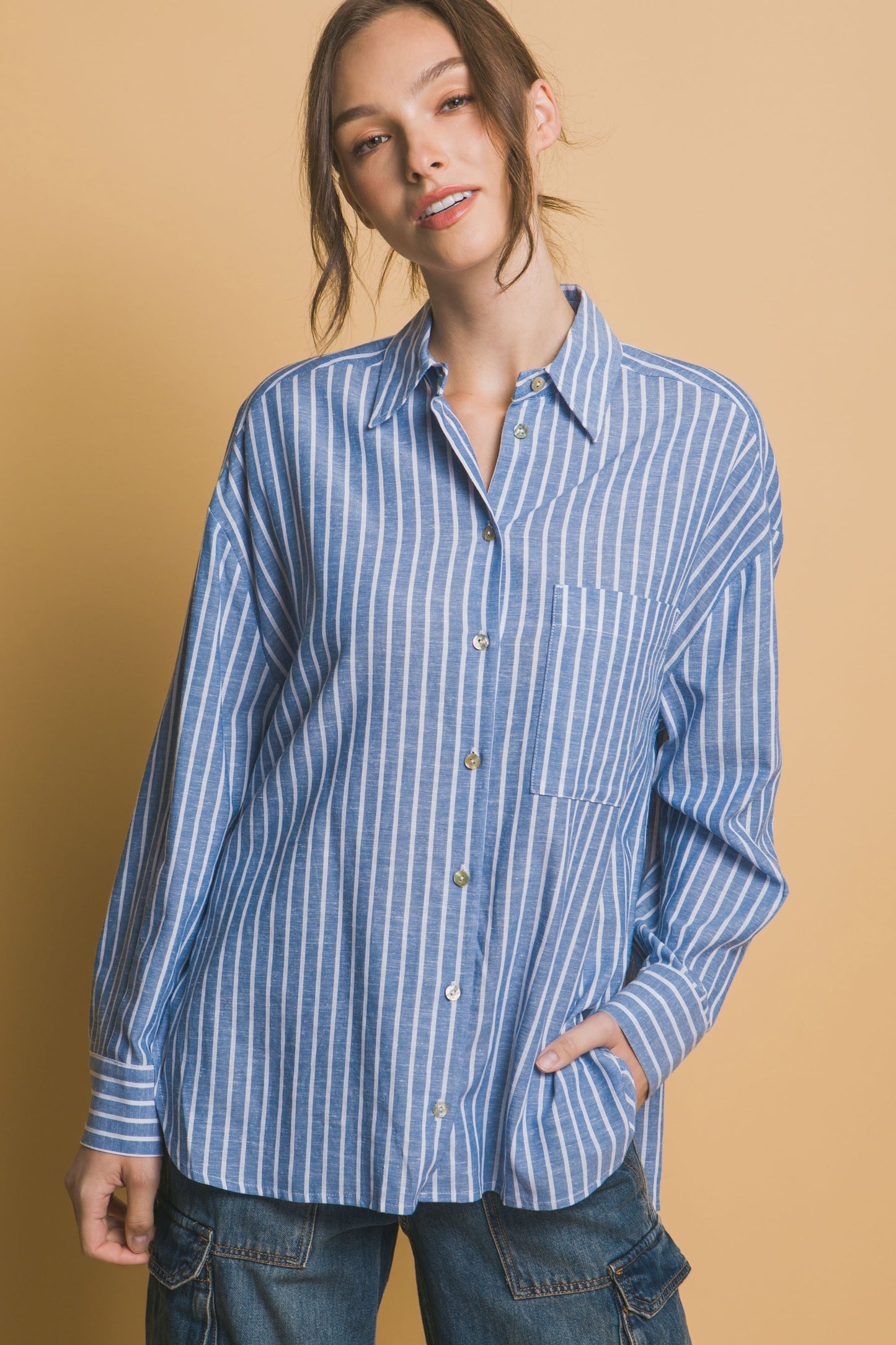 Oversized Stripe Long Sleeve Linen Shirt