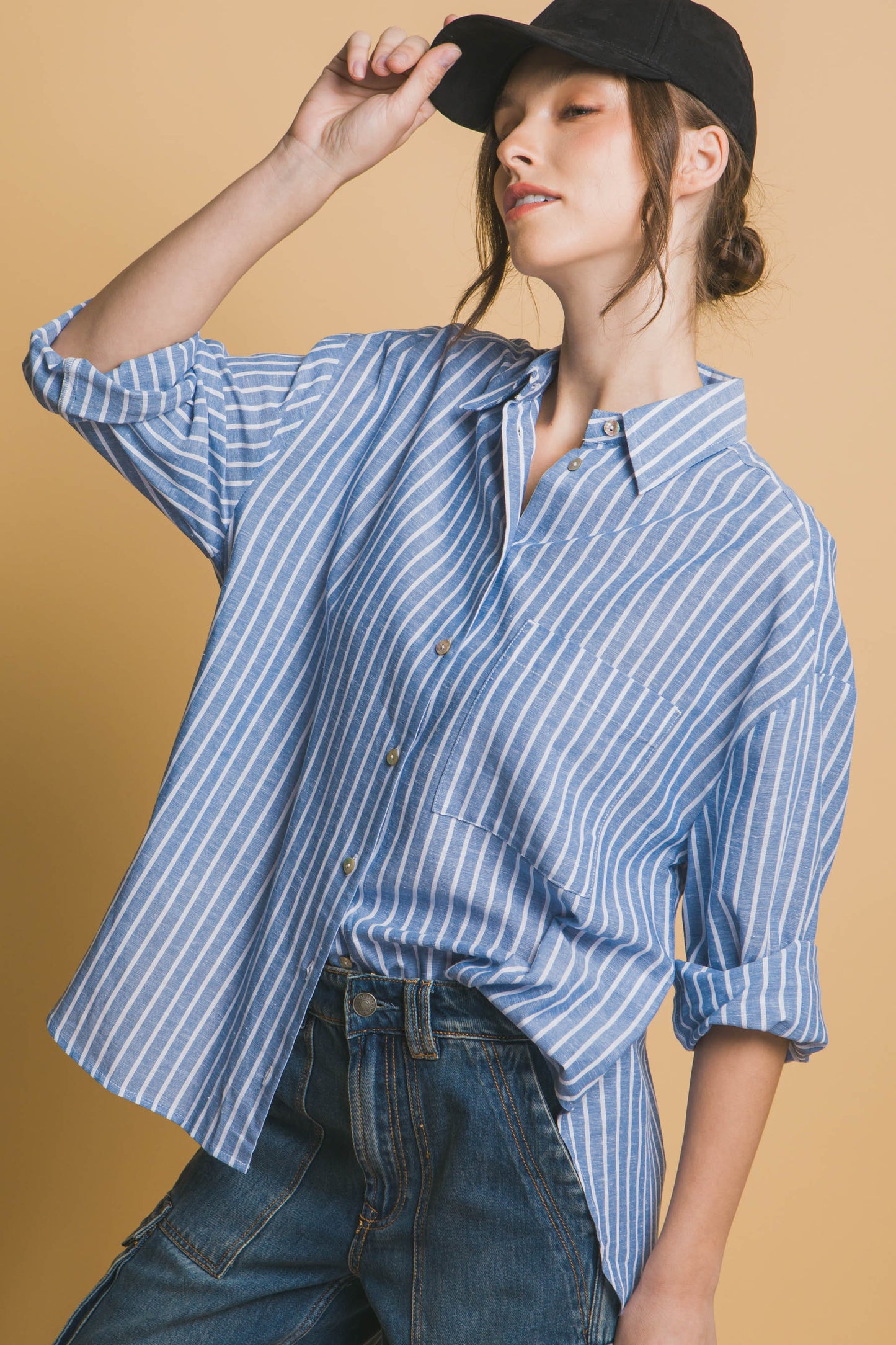 Oversized Stripe Long Sleeve Linen Shirt