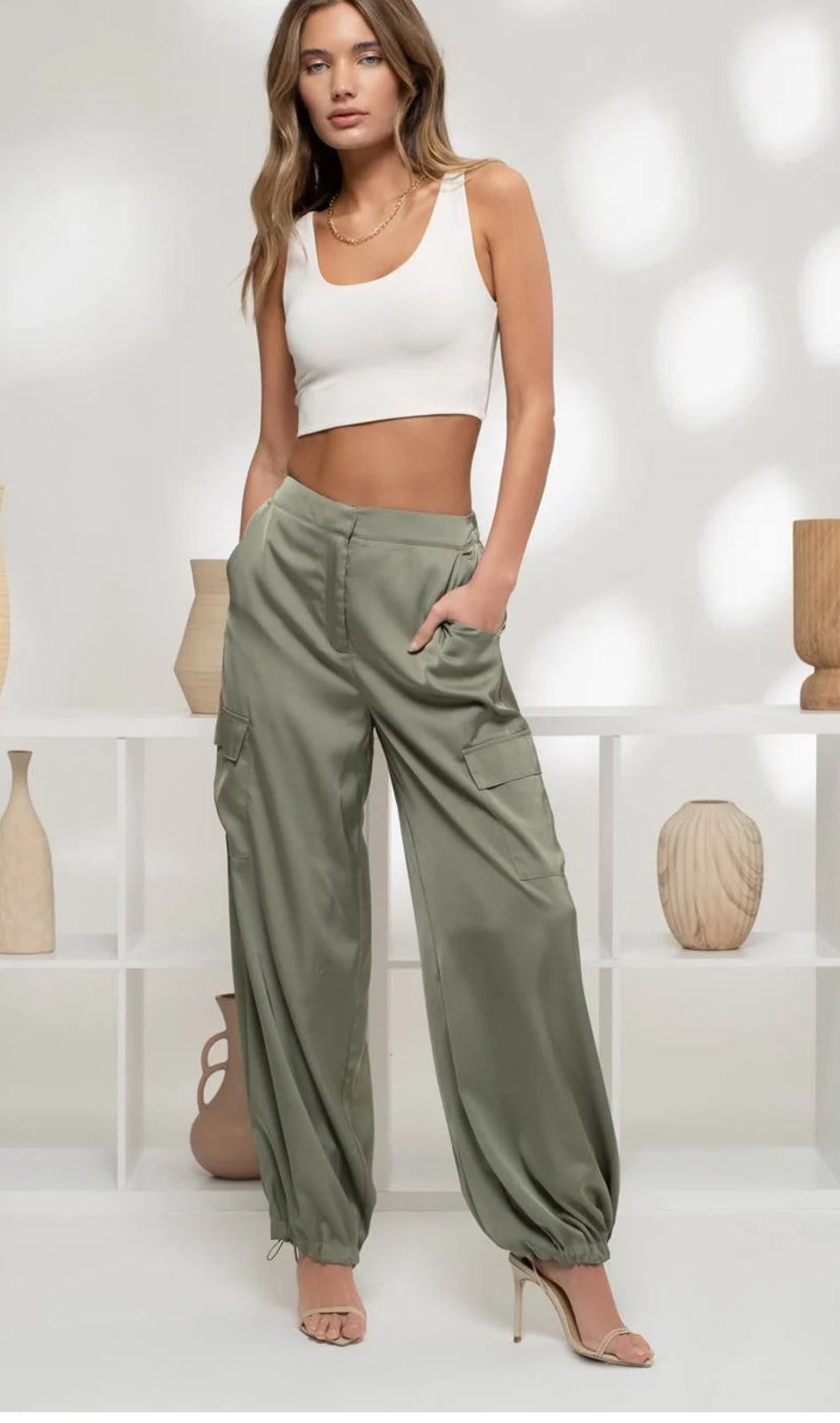 High Waist Satin Cargo
Jogger Pants