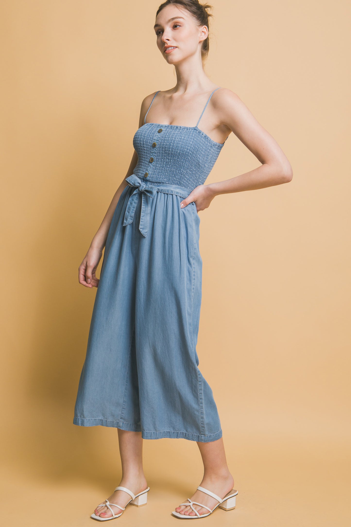 Smocked Wide Leg Cropped Jumpsuit
