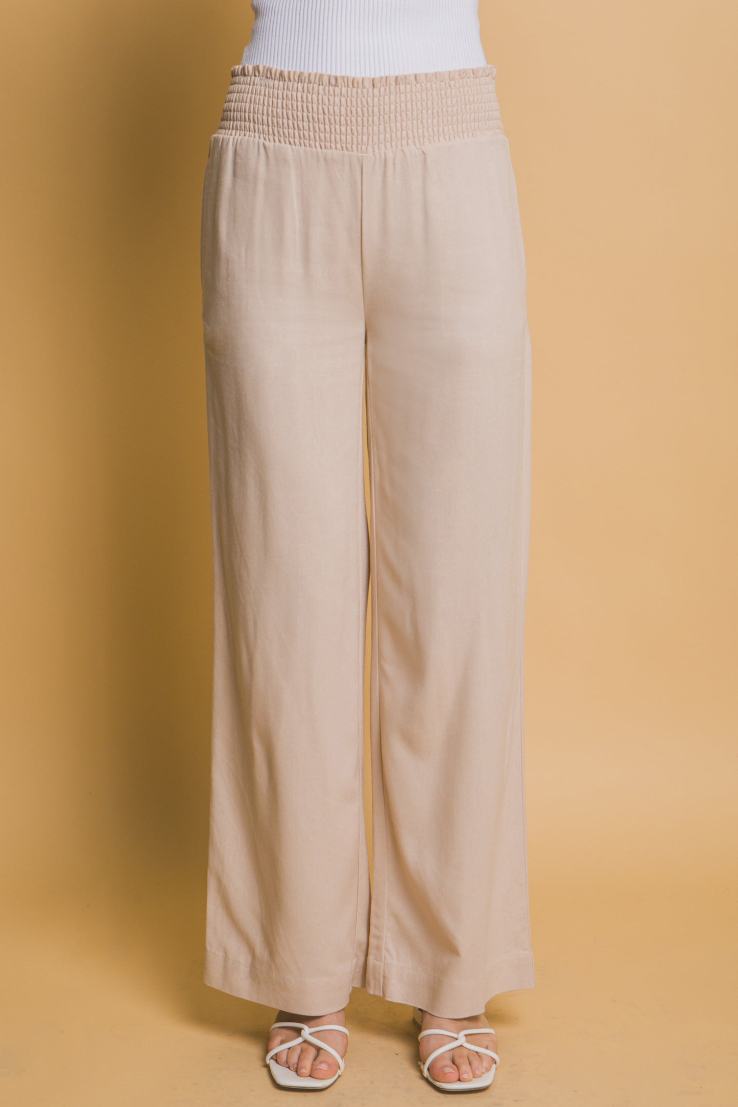 Smocked Shirred Waist Linen Pant