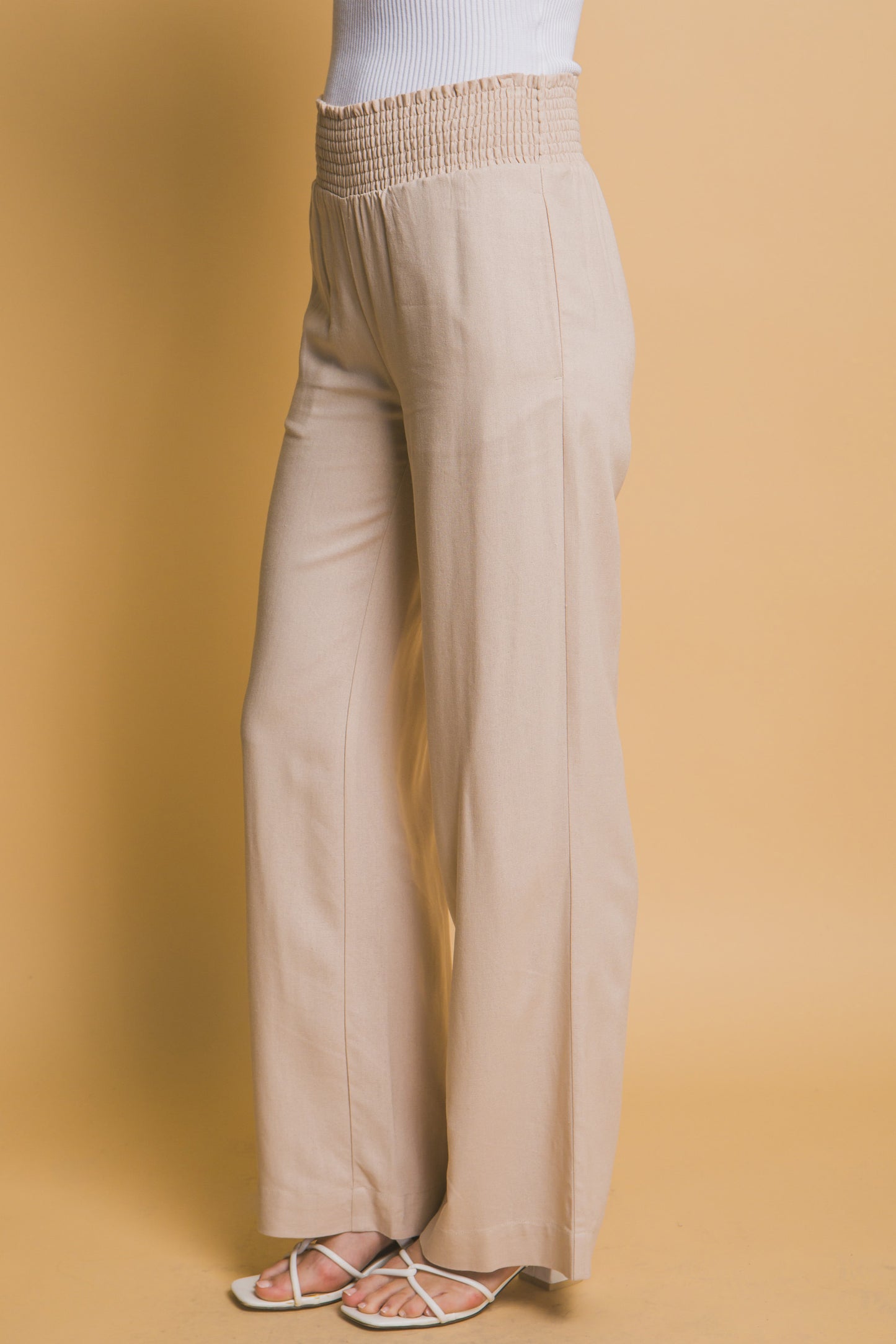 Smocked Shirred Waist Linen Pant