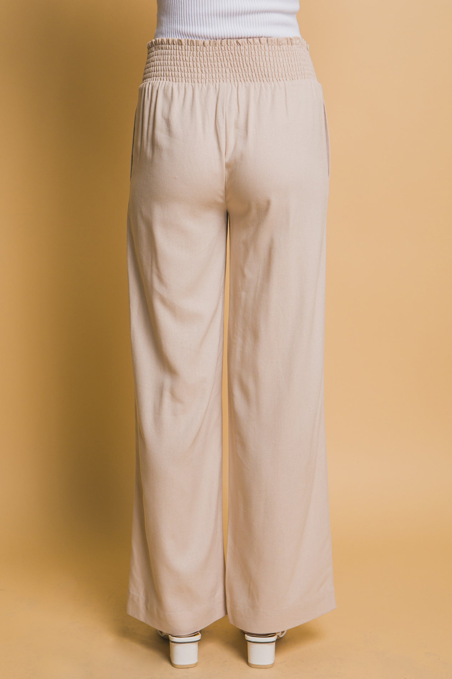 Smocked Shirred Waist Linen Pant