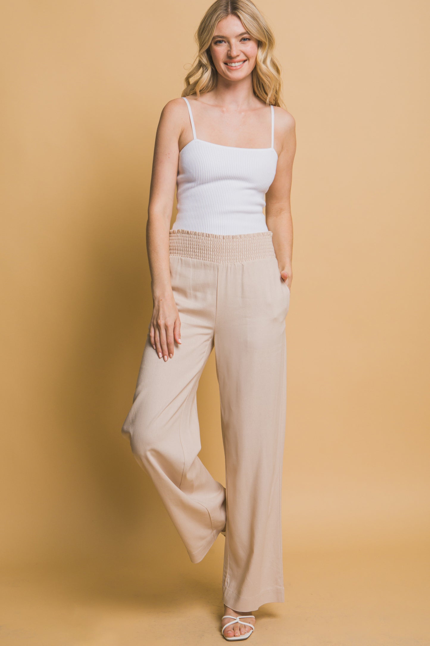 Smocked Shirred Waist Linen Pant