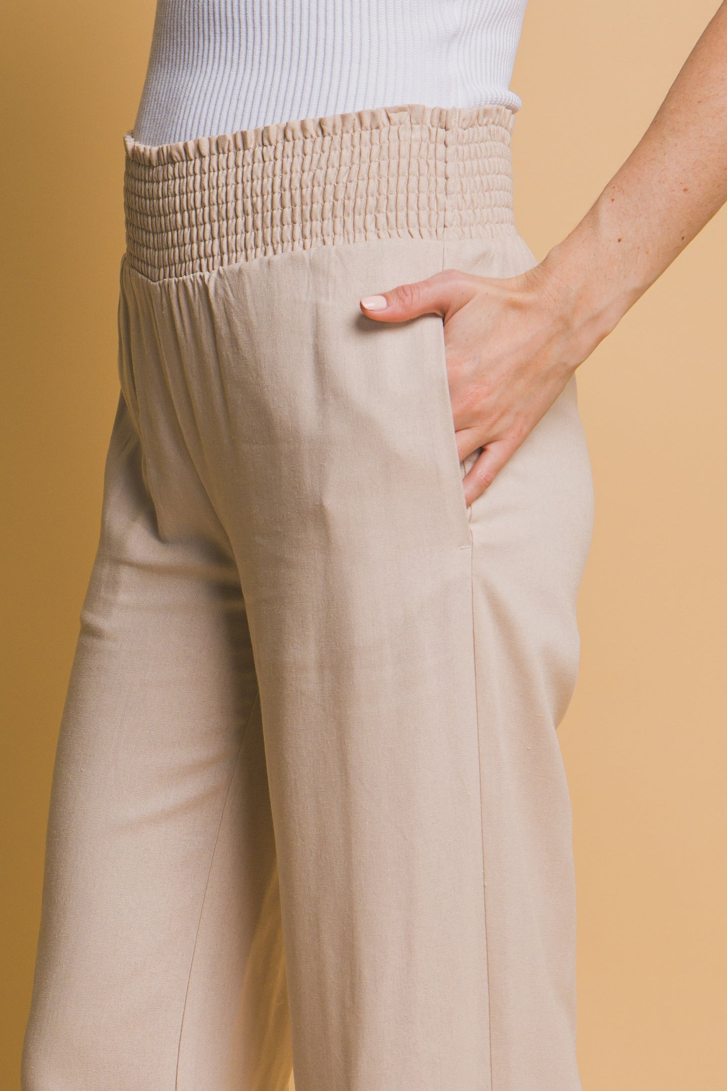 Smocked Shirred Waist Linen Pant