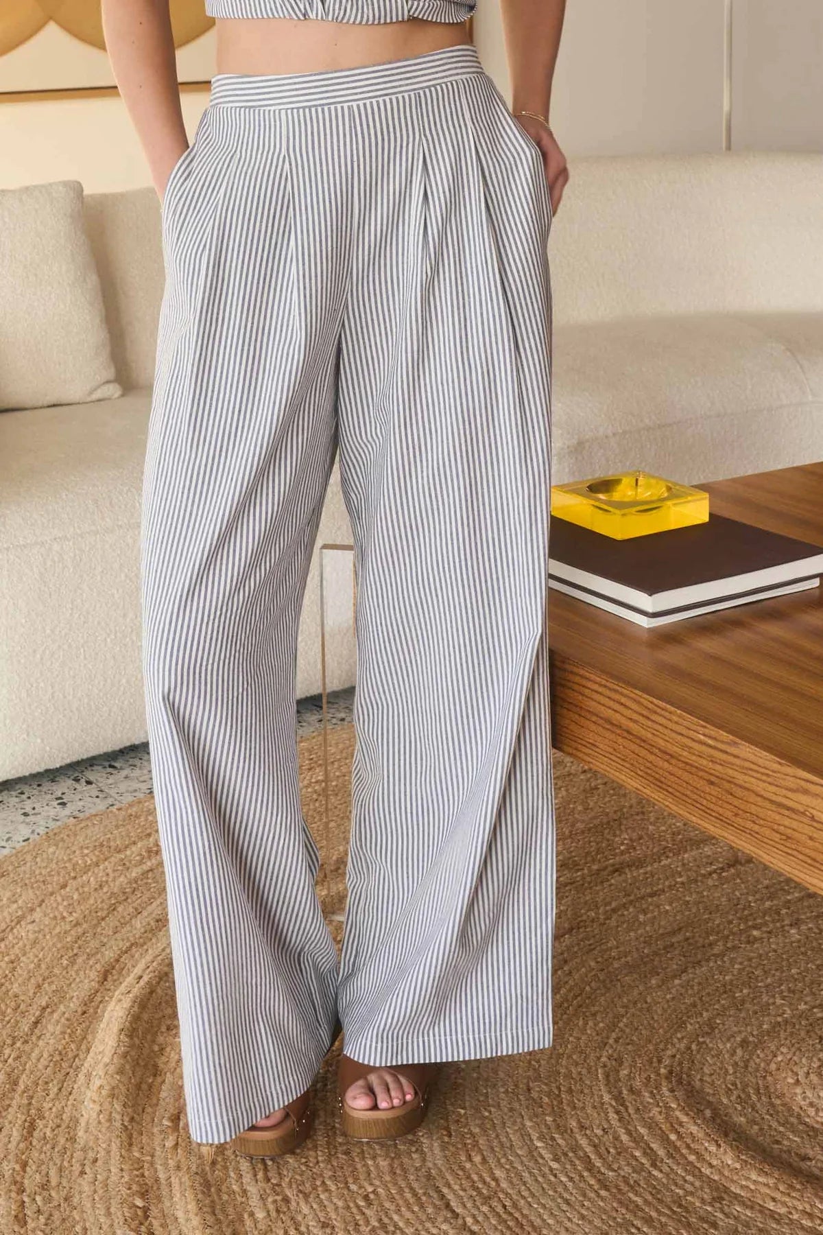 Stripe High Waist Pleated Wide Leg Pants