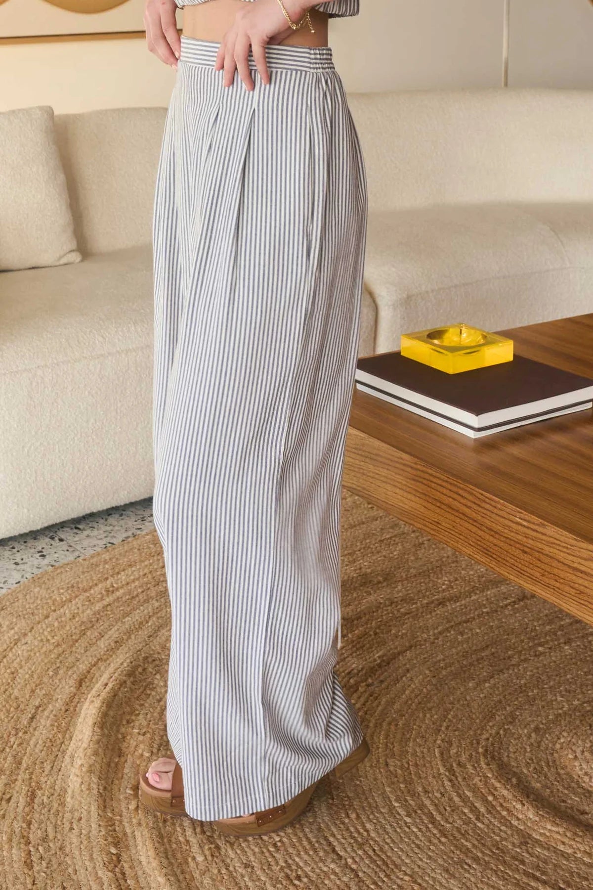 Stripe High Waist Pleated Wide Leg Pants