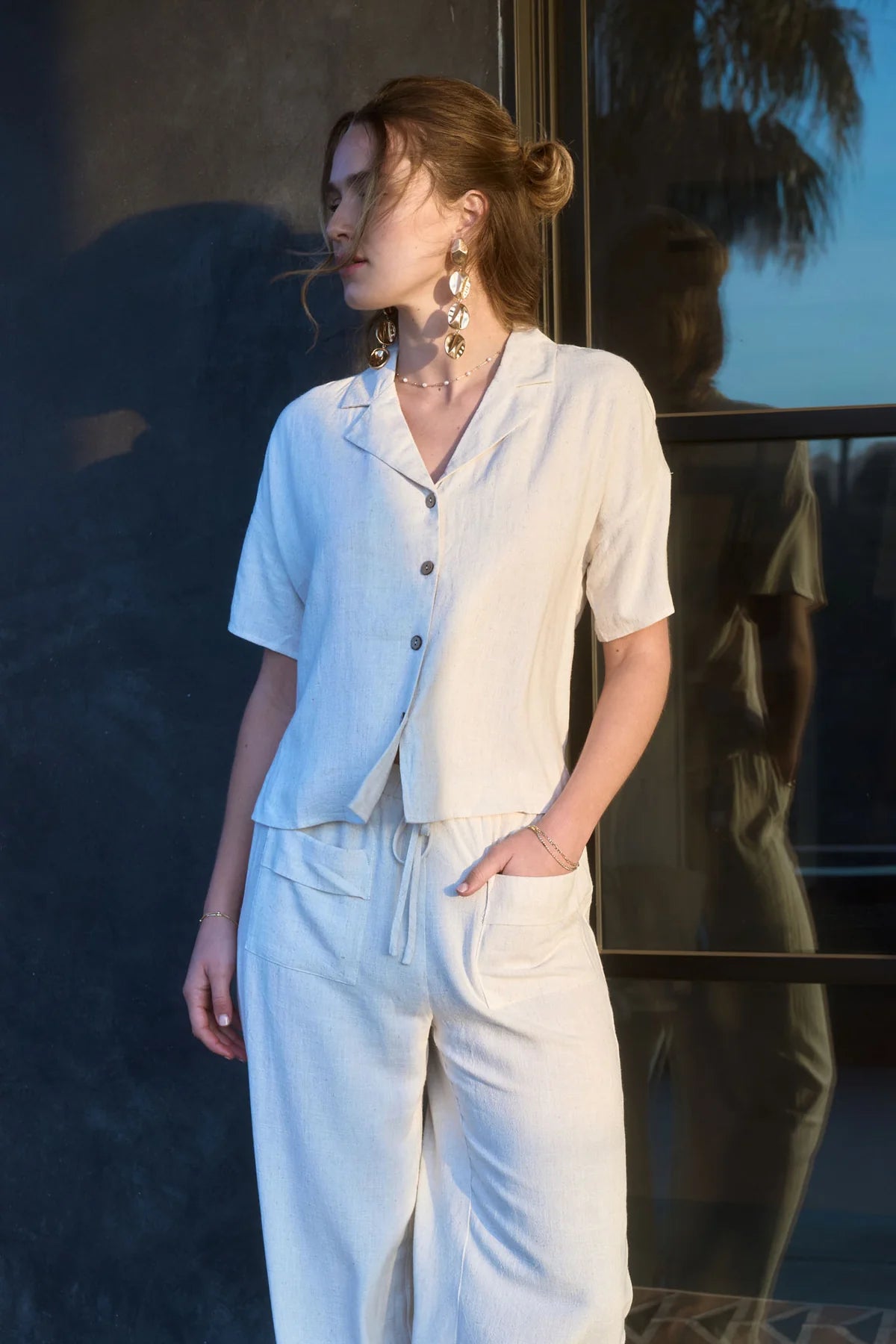 Collared Button-Down Short Sleeve Linen Top
