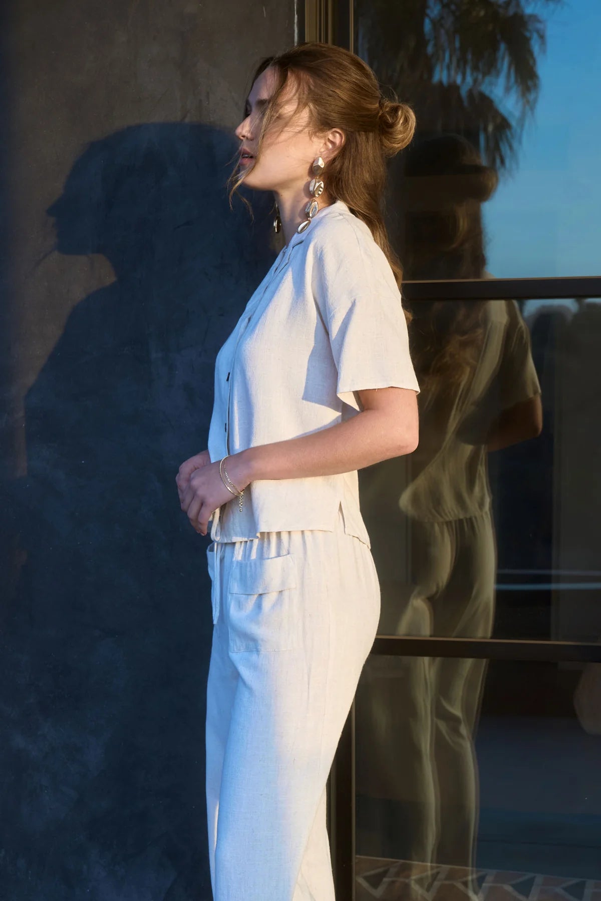 Collared Button-Down Short Sleeve Linen Top