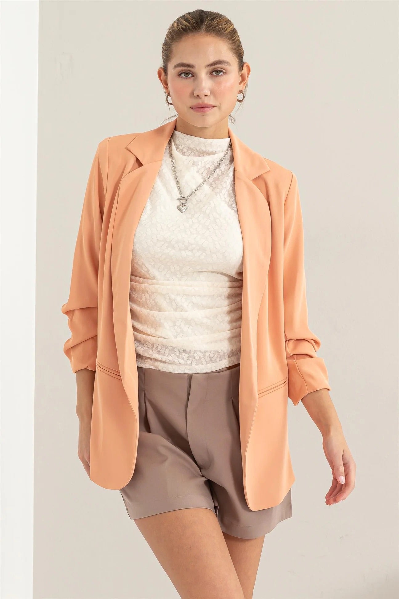 Ruched Sleeve Open Front Blazer