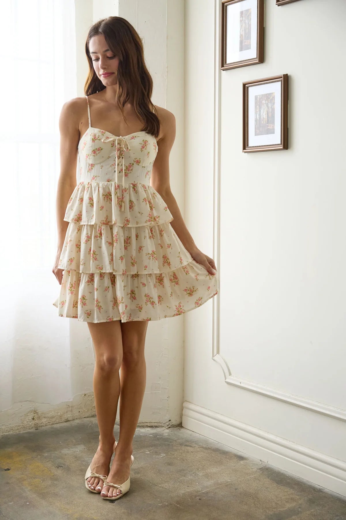 Floral Front Lace Up Ruffle Tiered Mini Dress