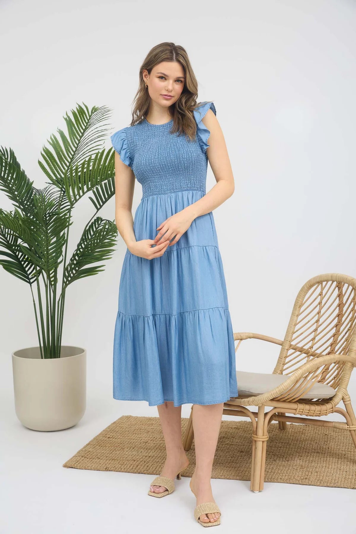 Chambray Smoked Ruffle Sleeve Tiered Midi Dress