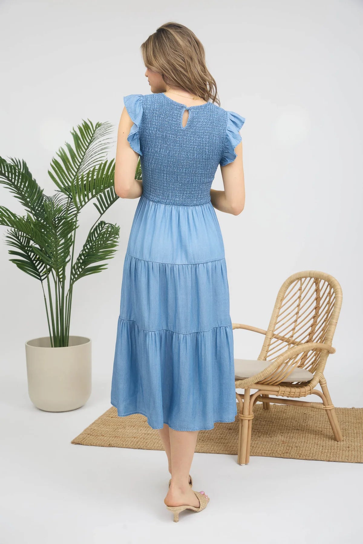 Chambray Smoked Ruffle Sleeve Tiered Midi Dress