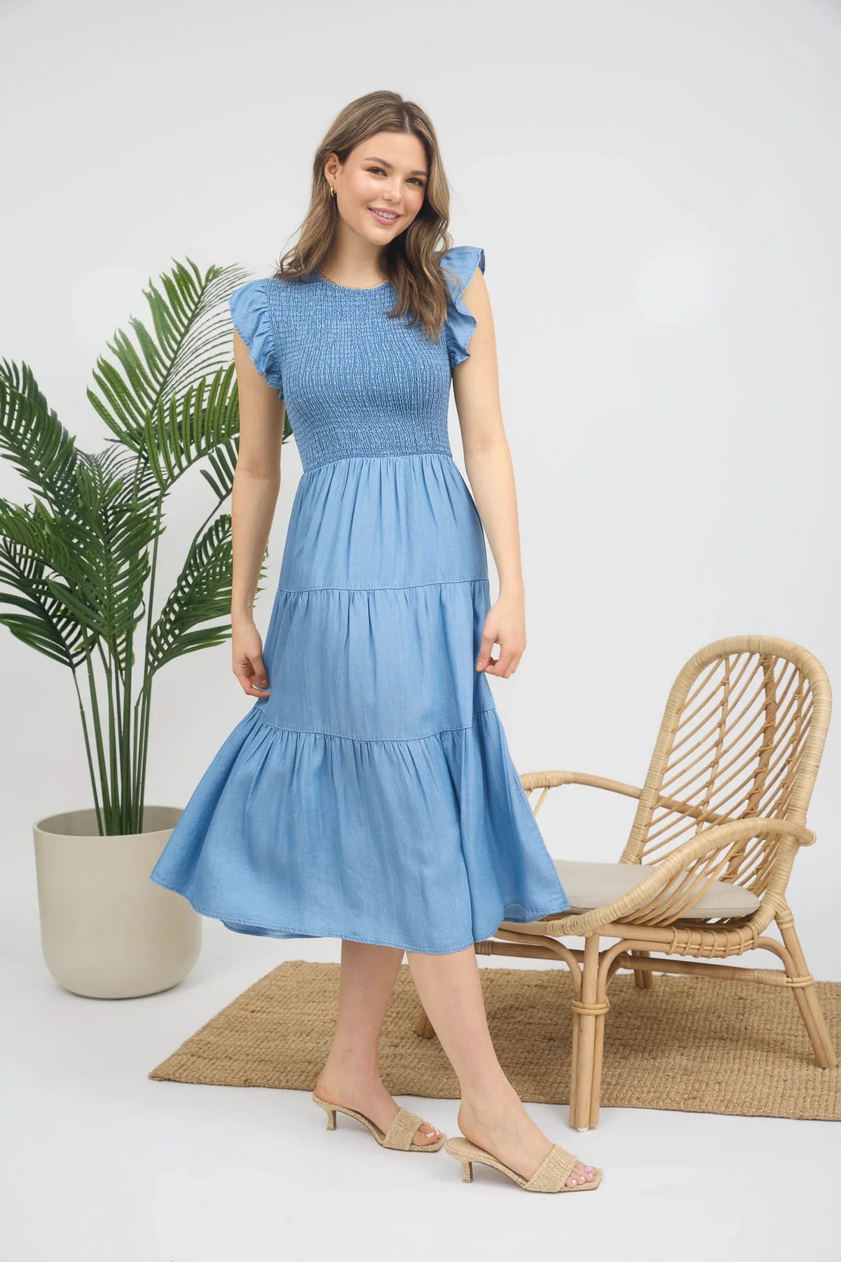 Chambray Smoked Ruffle Sleeve Tiered Midi Dress