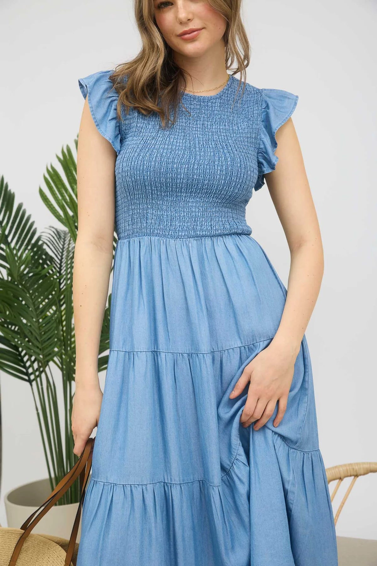 Chambray Smoked Ruffle Sleeve Tiered Midi Dress