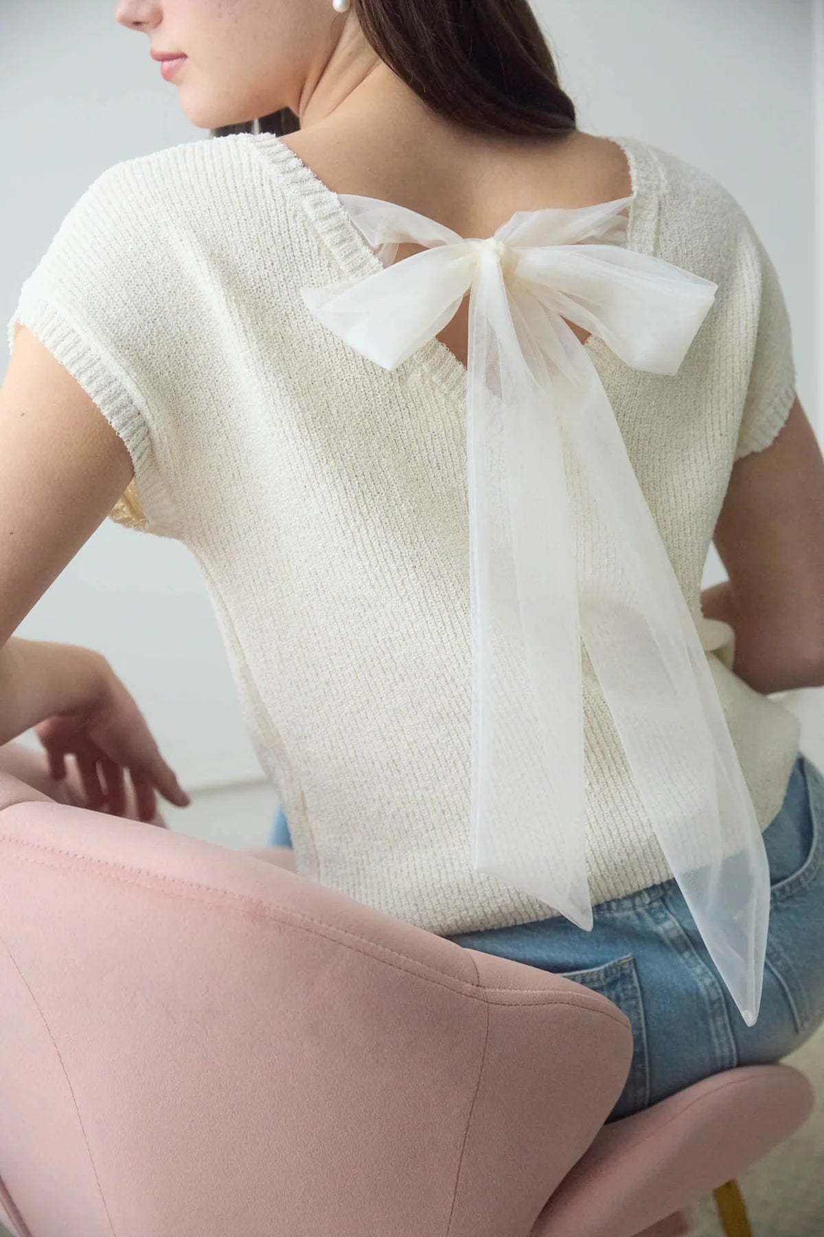 Back Sheer Tie Short Sleeve Knit Sweater