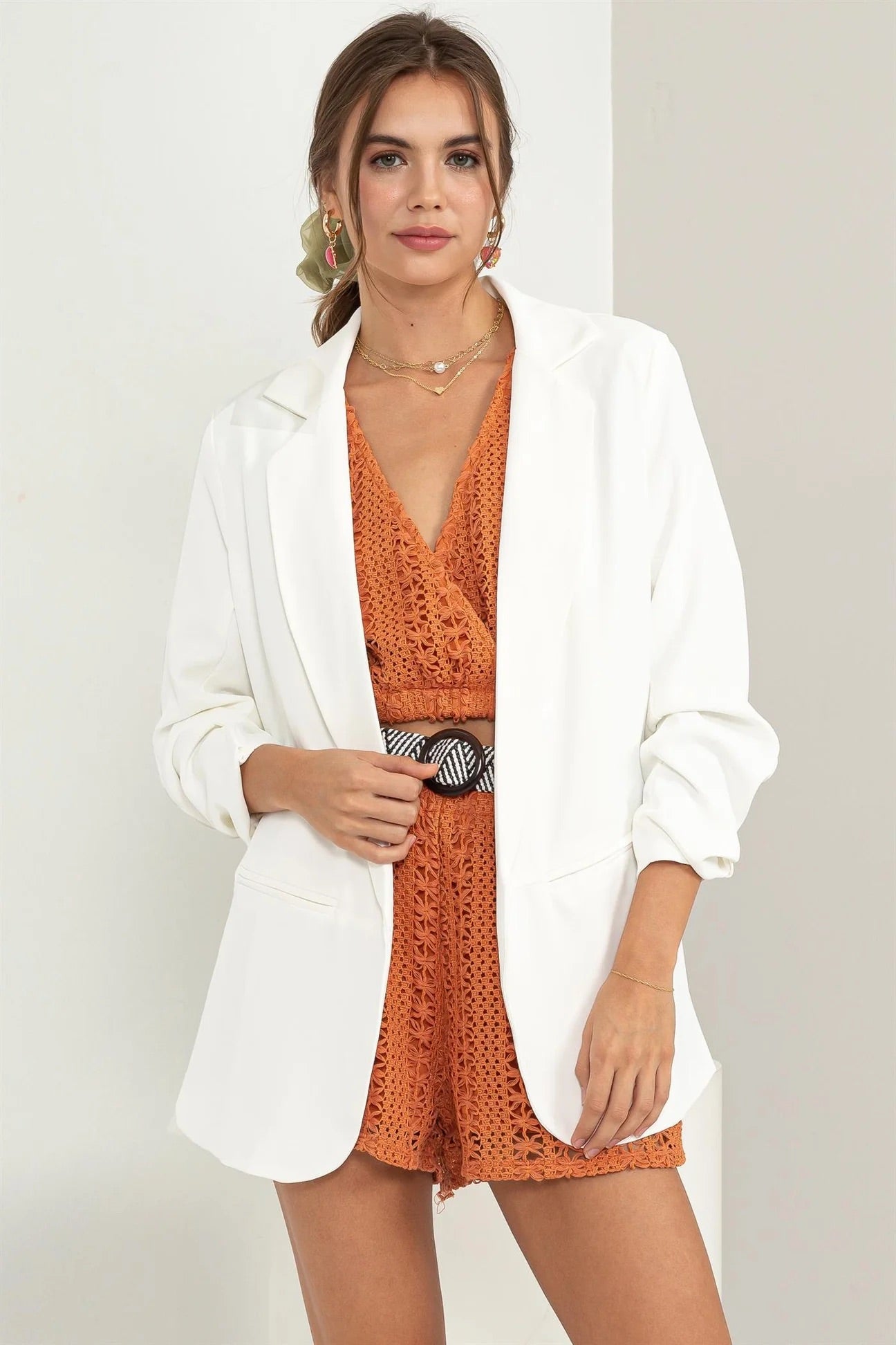 Ruched Sleeve Open Front Blazer