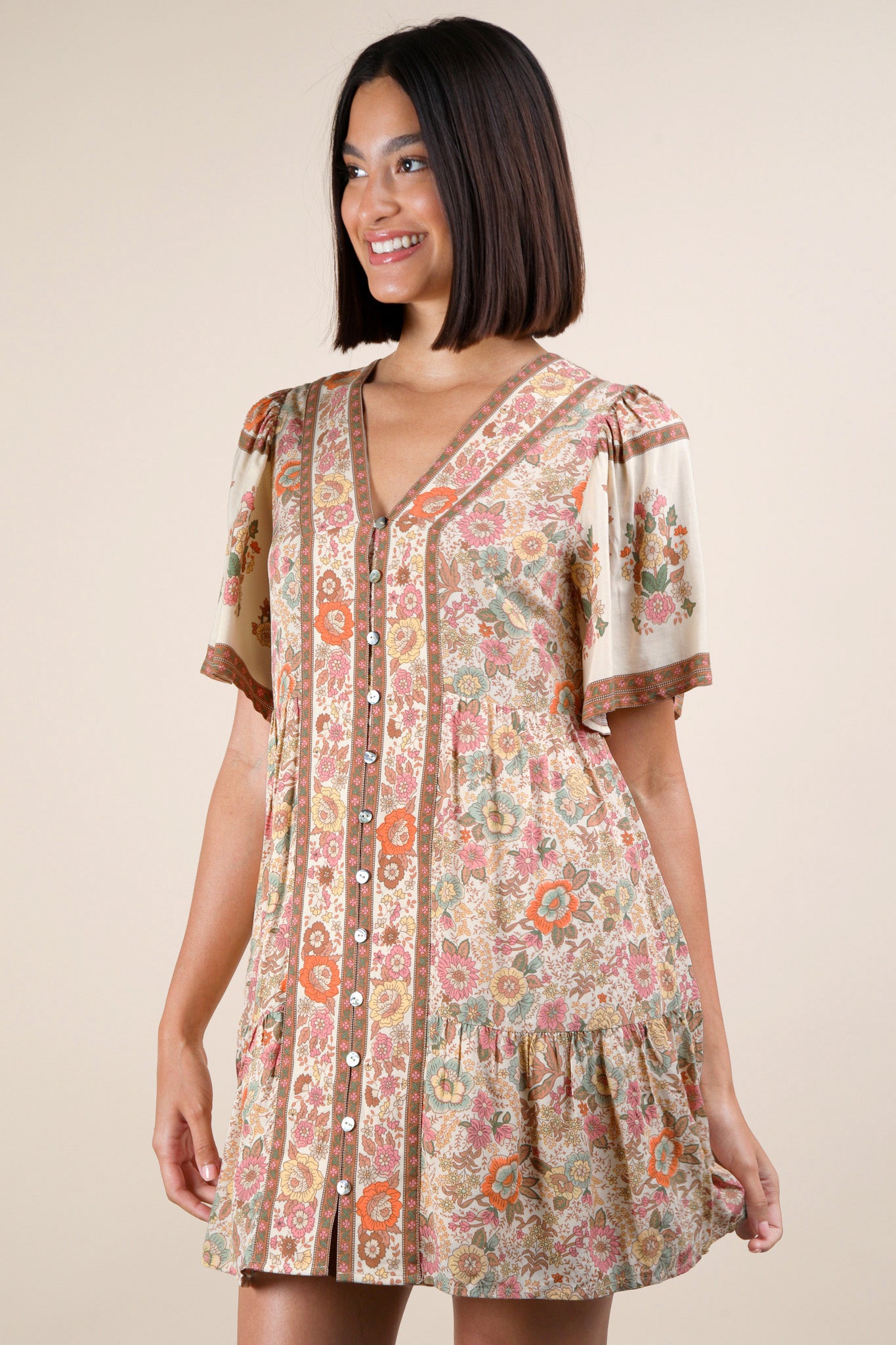 Shirring Detail Printed Mini Dress