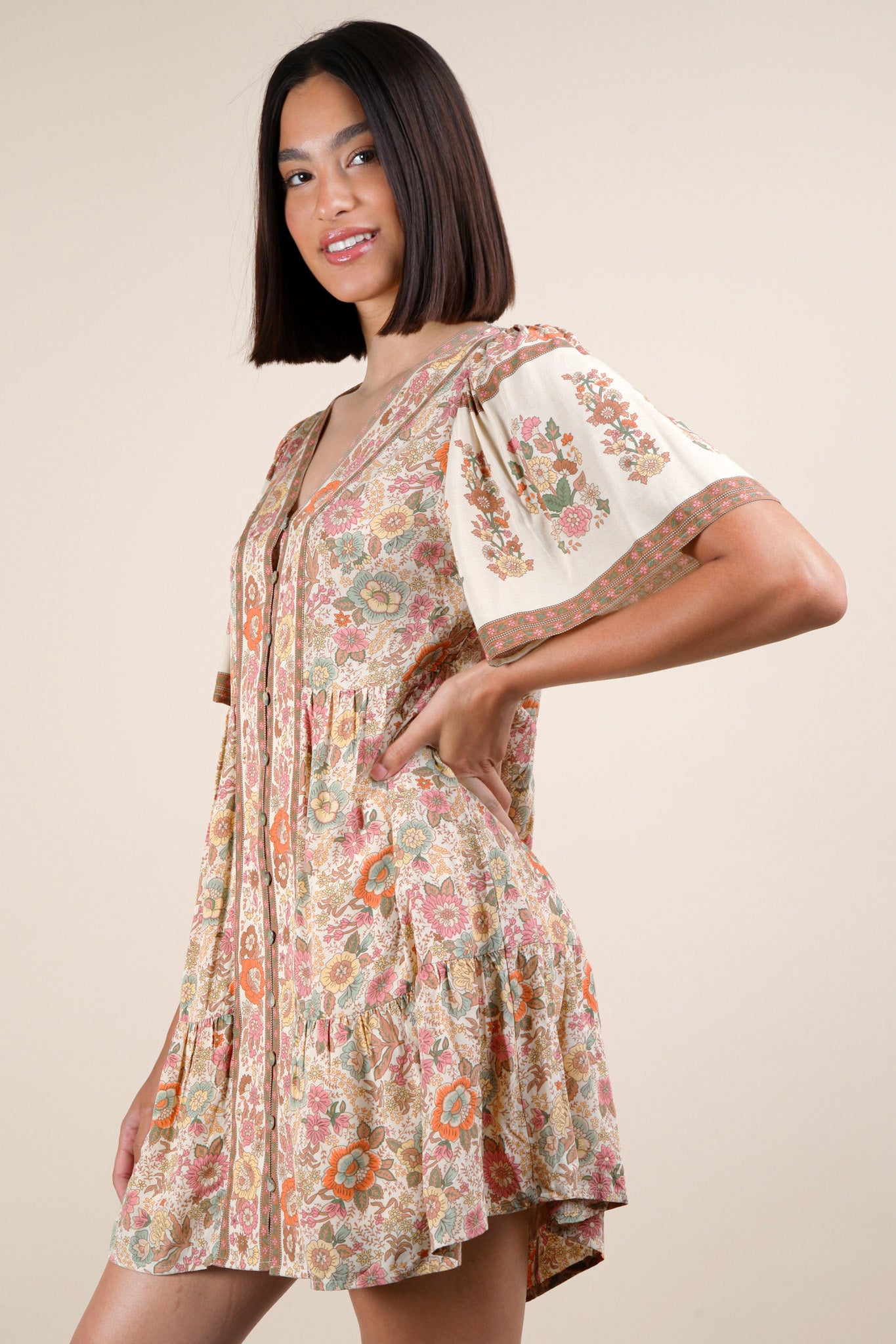 Shirring Detail Printed Mini Dress