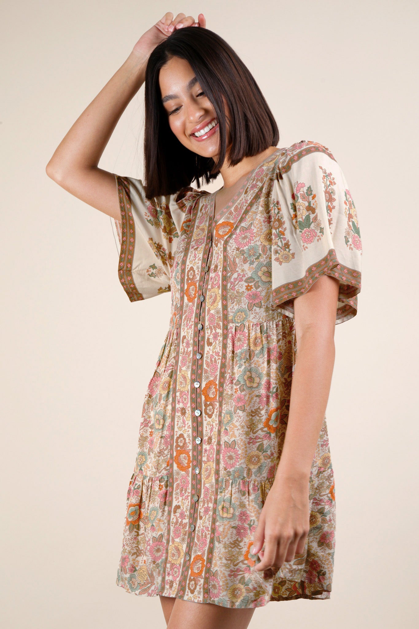 Shirring Detail Printed Mini Dress