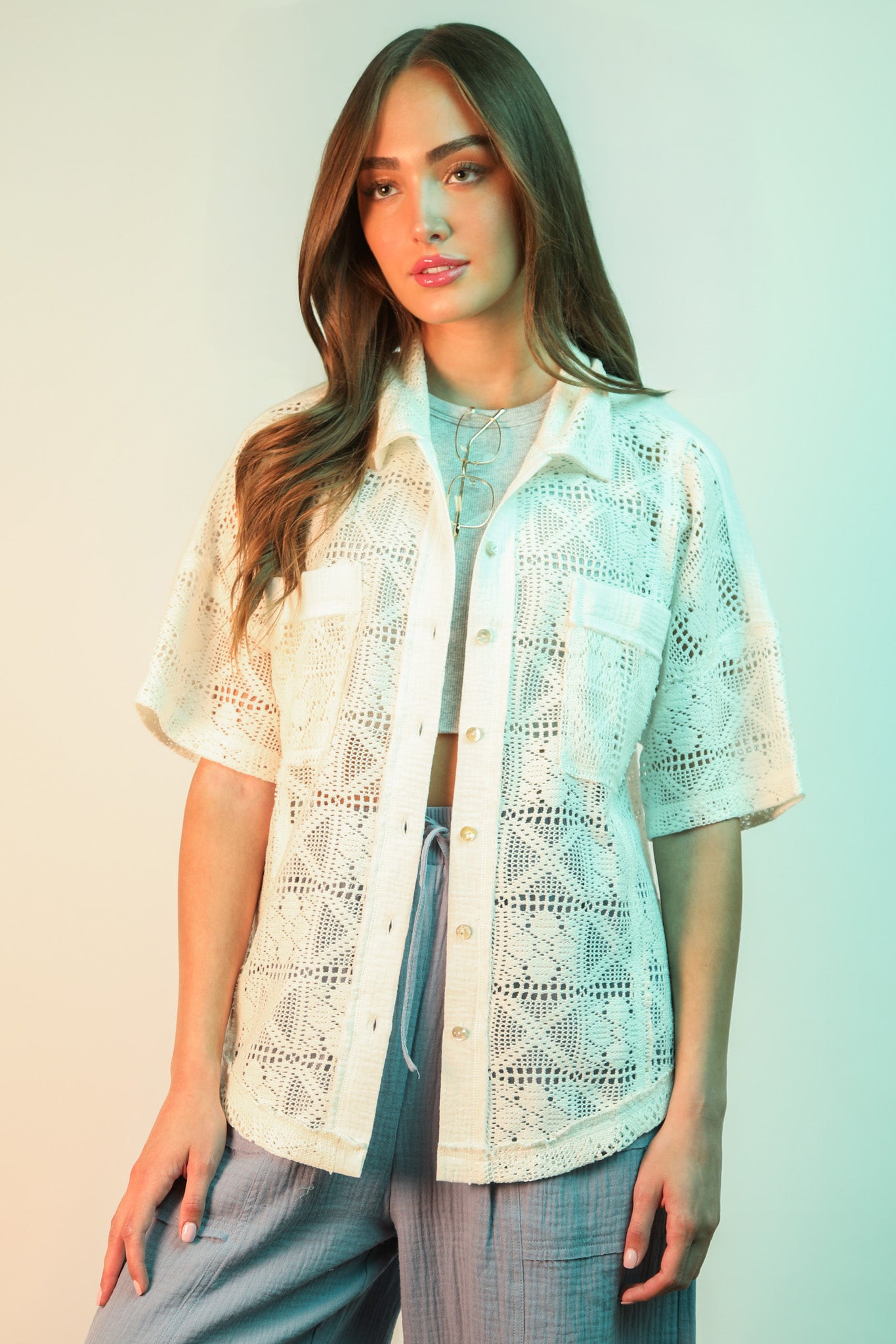 Oversized Crochet Button Down Shirt Top