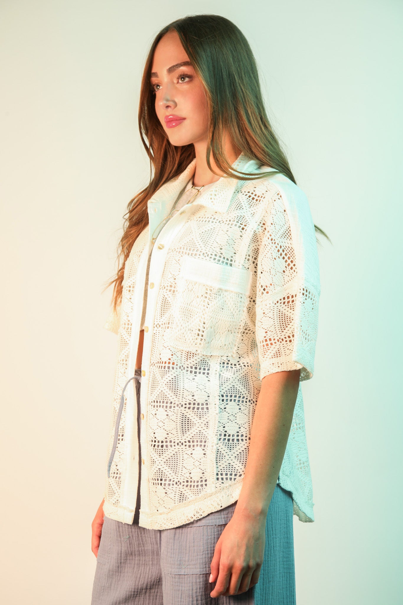 Oversized Crochet Button Down Shirt Top