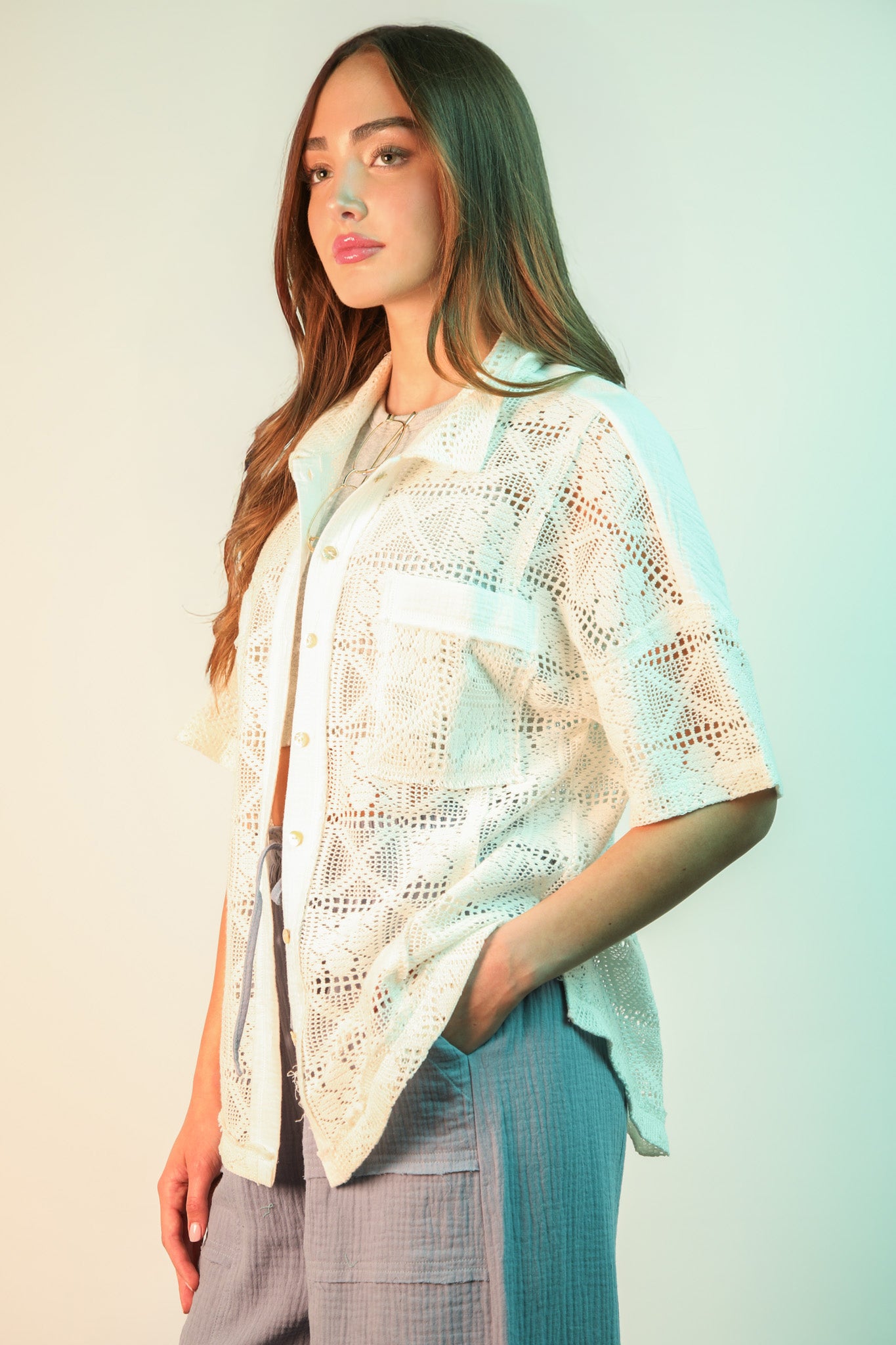 Oversized Crochet Button Down Shirt Top
