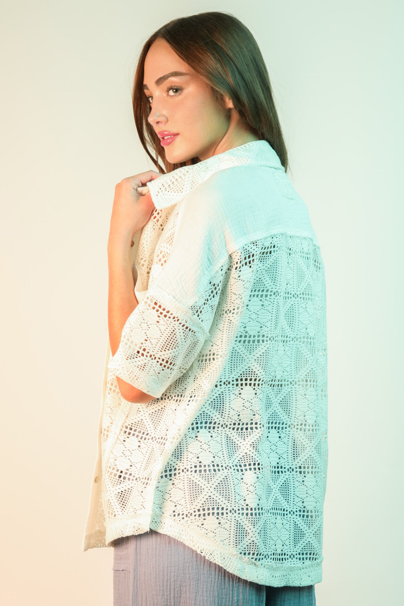 Oversized Crochet Button Down Shirt Top