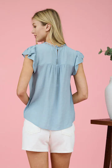 Lace Panel Short Ruffle Sleeve Blouse