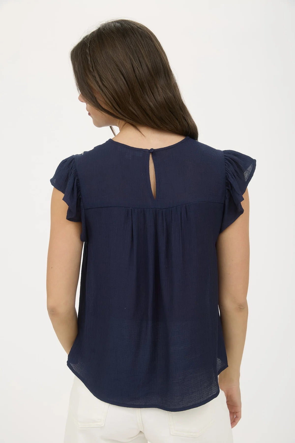 Floral Embroidered Yoke Ruffle Sleeve Top