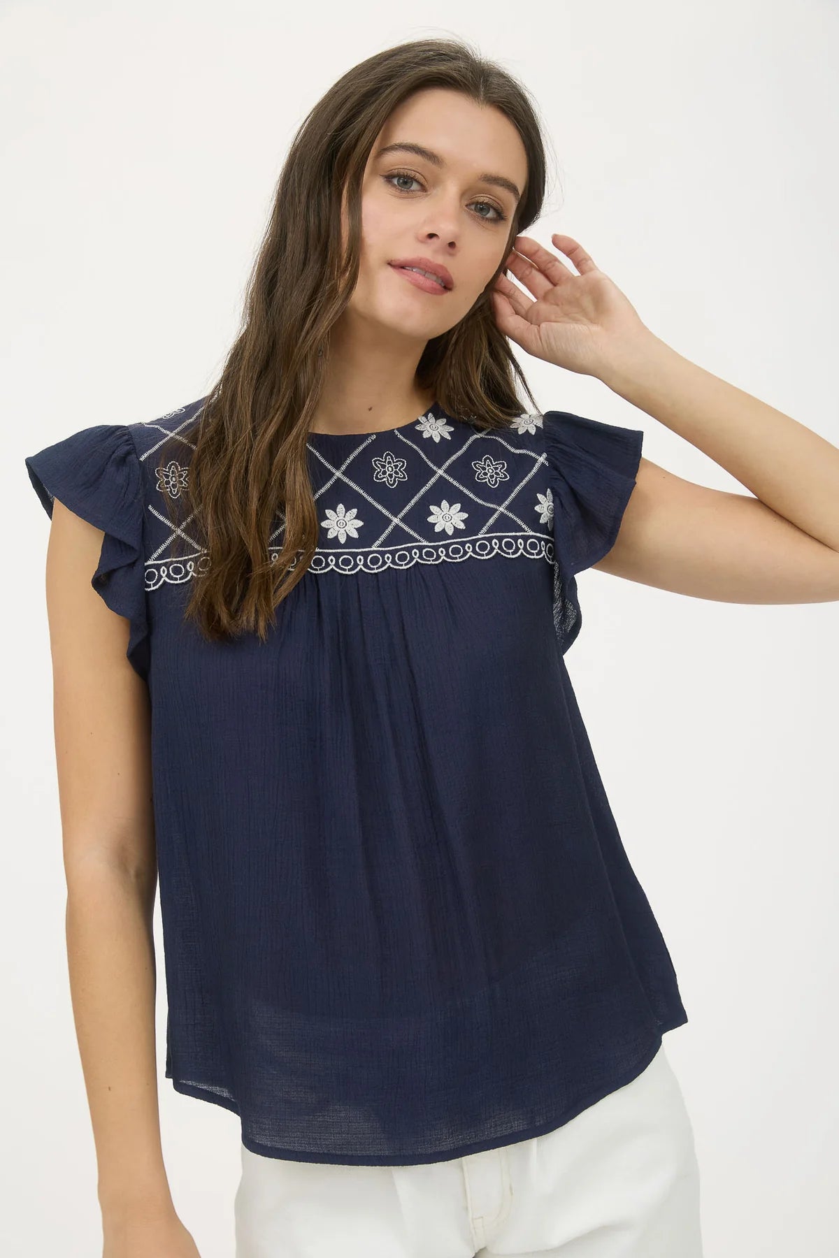 Floral Embroidered Yoke Ruffle Sleeve Top