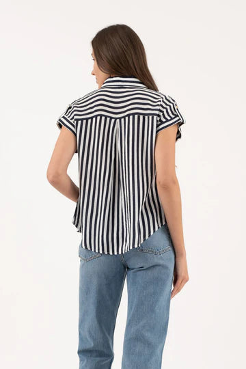 Stripe Short Tab Sleeve Button Down Top