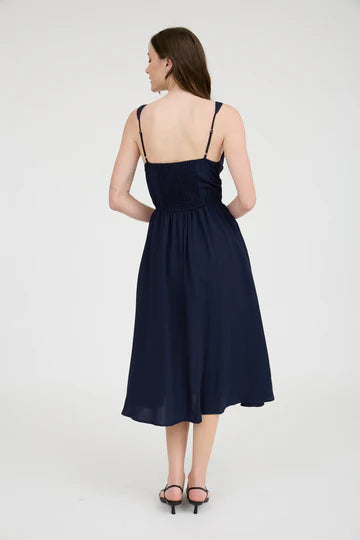 Square Neck Front Tie Corset Detail Midi Dress