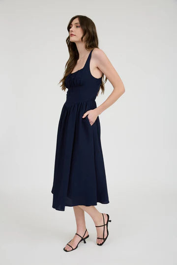 Square Neck Front Tie Corset Detail Midi Dress
