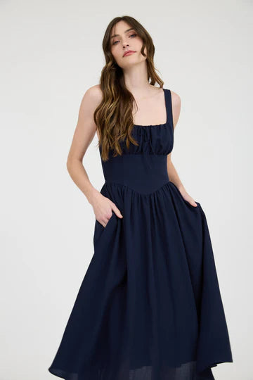 Square Neck Front Tie Corset Detail Midi Dress
