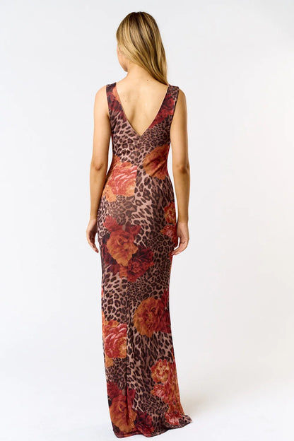 Floral Leopard Print Mesh Maxi Dress