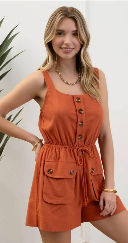 Button Down Sleeveless Drawstring Romper