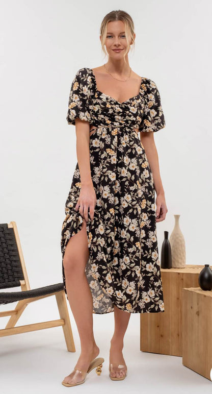 Floral Puff Sleeve Cut Out Midi Dress