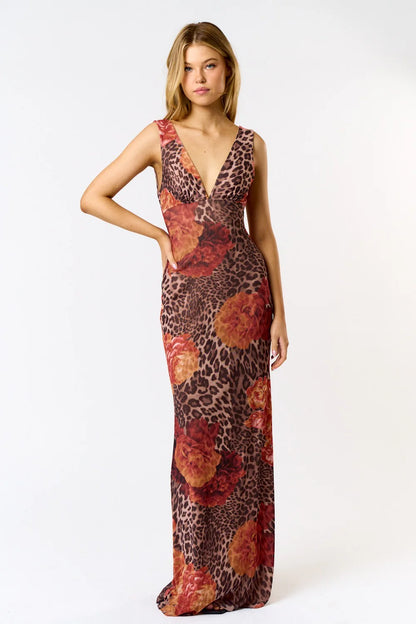 Floral Leopard Print Mesh Maxi Dress