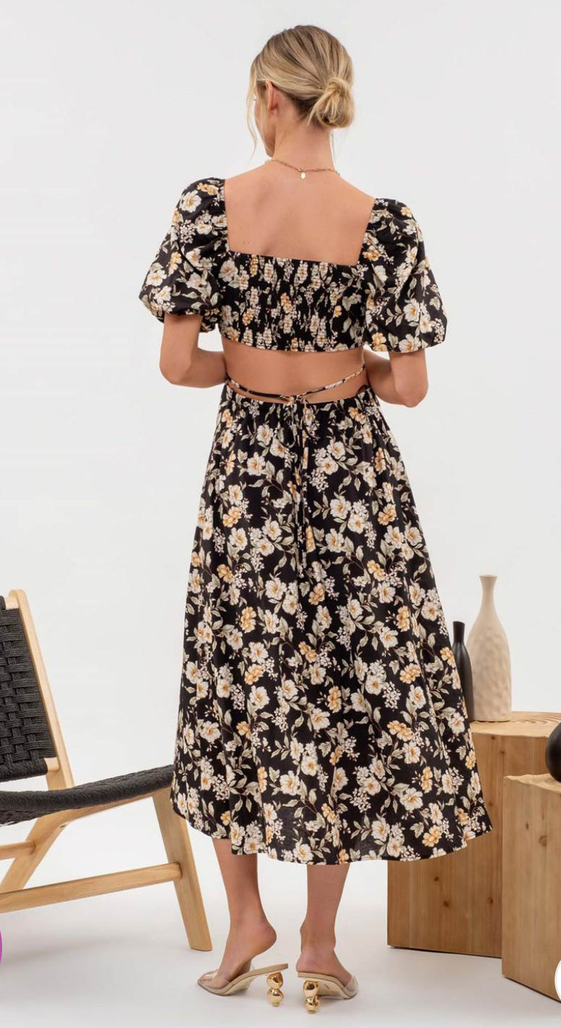 Floral Puff Sleeve Cut Out Midi Dress