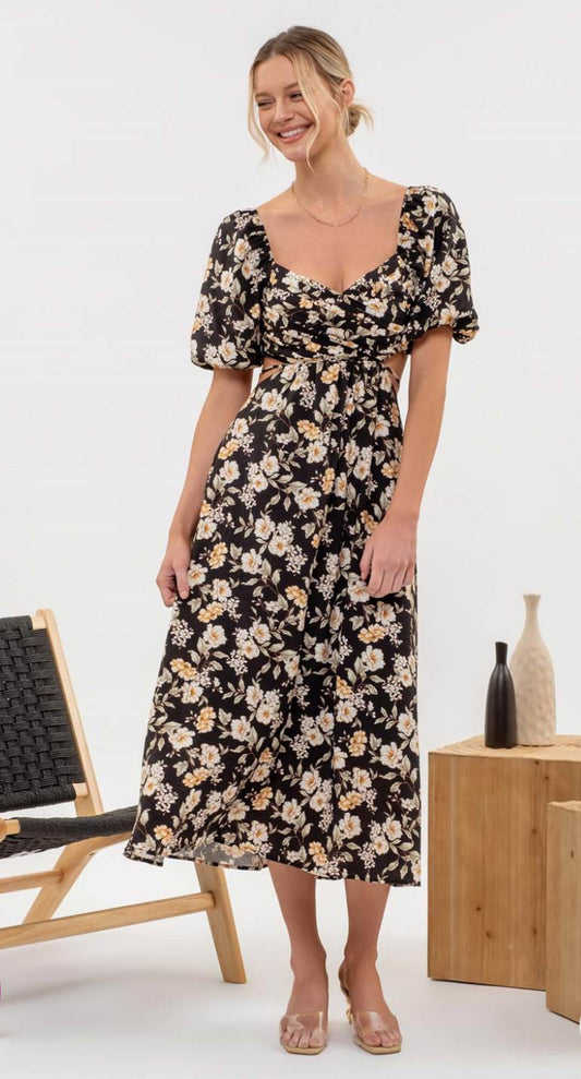 Floral Puff Sleeve Cut Out Midi Dress