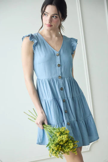 Chambray Button Down Tiered Mini Dress