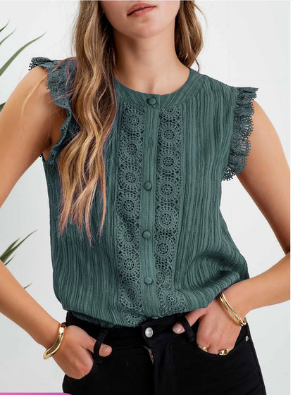 Lace Trim Button Down Blouse