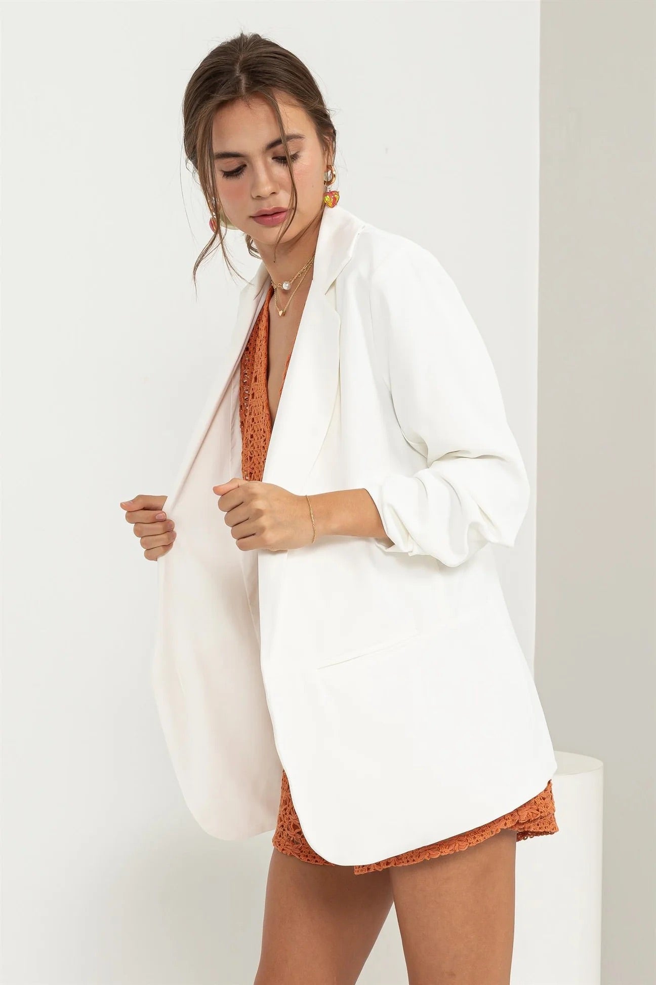 Ruched Sleeve Open Front Blazer
