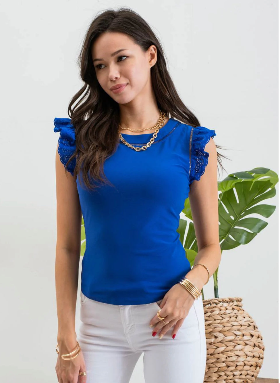 Eyelet Ruffle Sleeve Lace Trim Knit Top