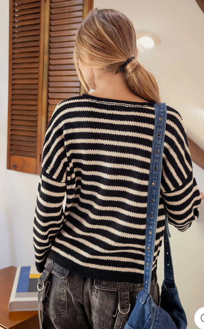 Stripe Split Neck Knit Sweater