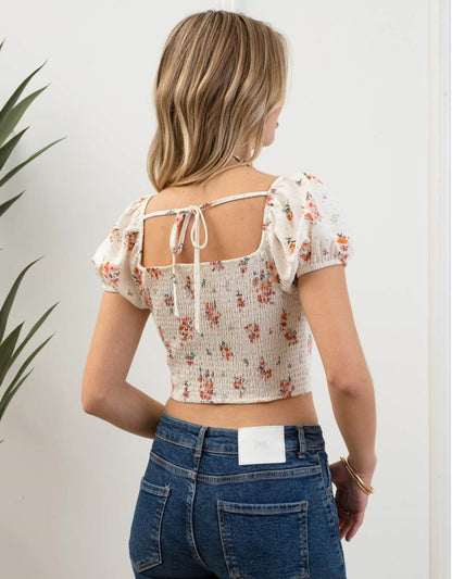 Floral and Dot Print Puff Sleeves Crop Top