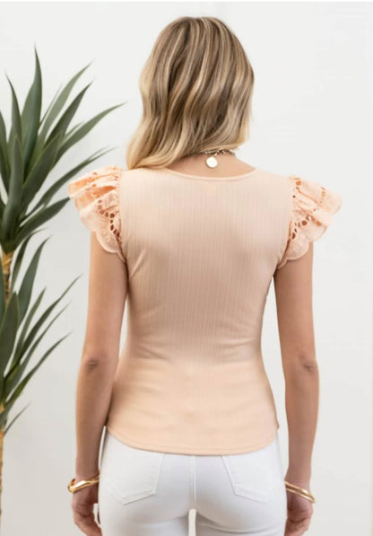 Scoop Neck Flutter Eyelet Sleeve Knit Top