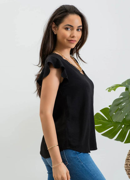 V Neck Lace Trim Back Tie Blouse