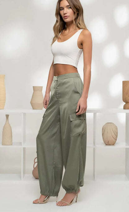 High Waist Satin Cargo
Jogger Pants